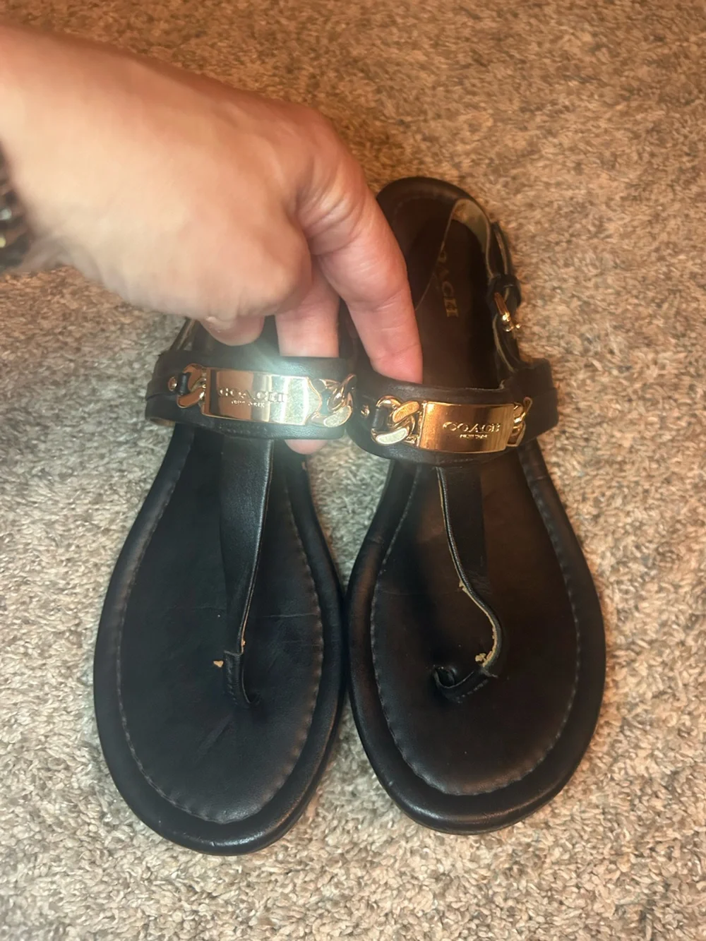 Coach Classic Black Leather T-Strap Sandals with Gold Hardware